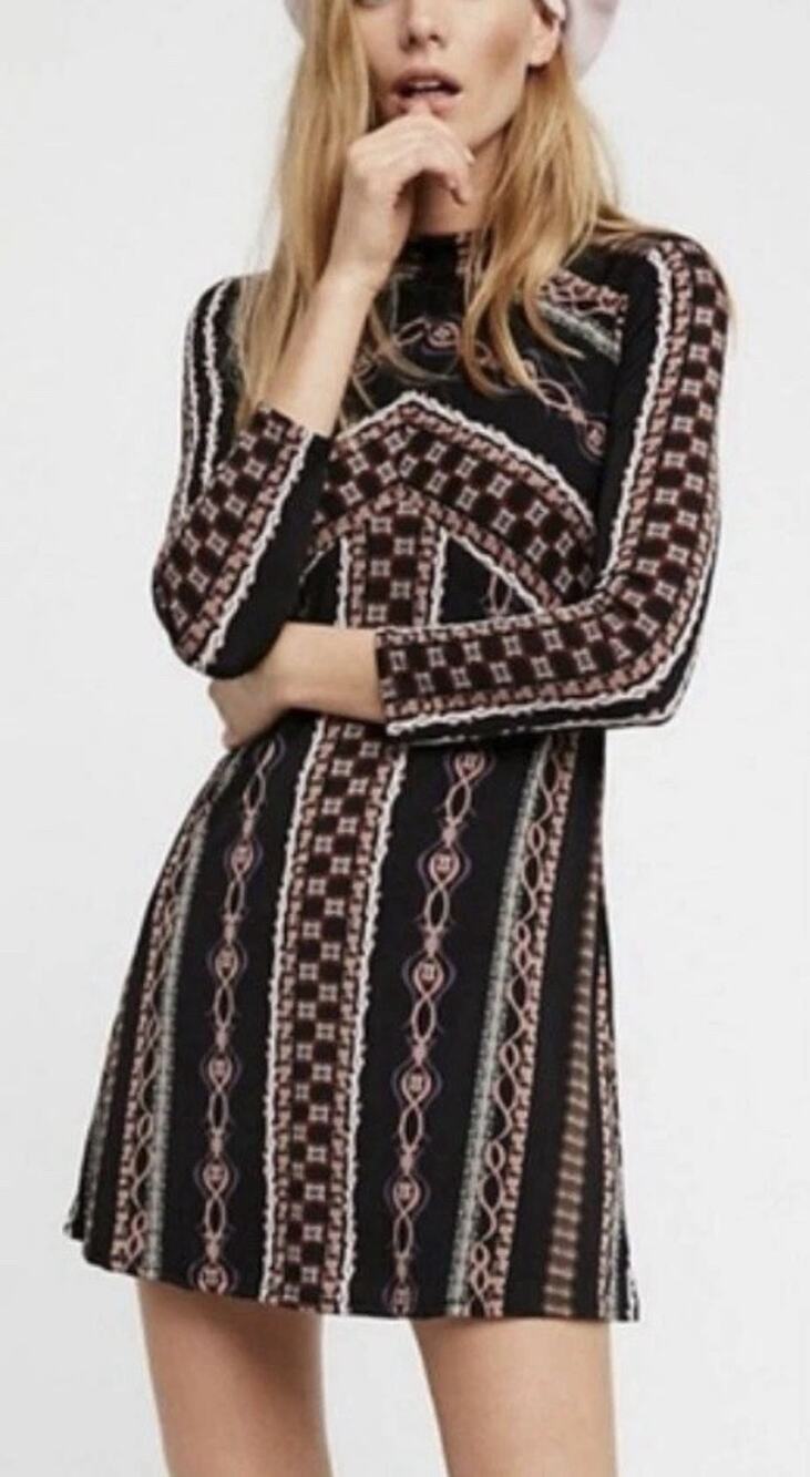 Free People "Stella" knit Geometric Print Mock Neck Mini Dress Size S